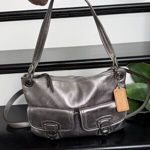 Coach Poppy Metallic Leather Hippie Shoulder Bag Crossbody Silver #18996